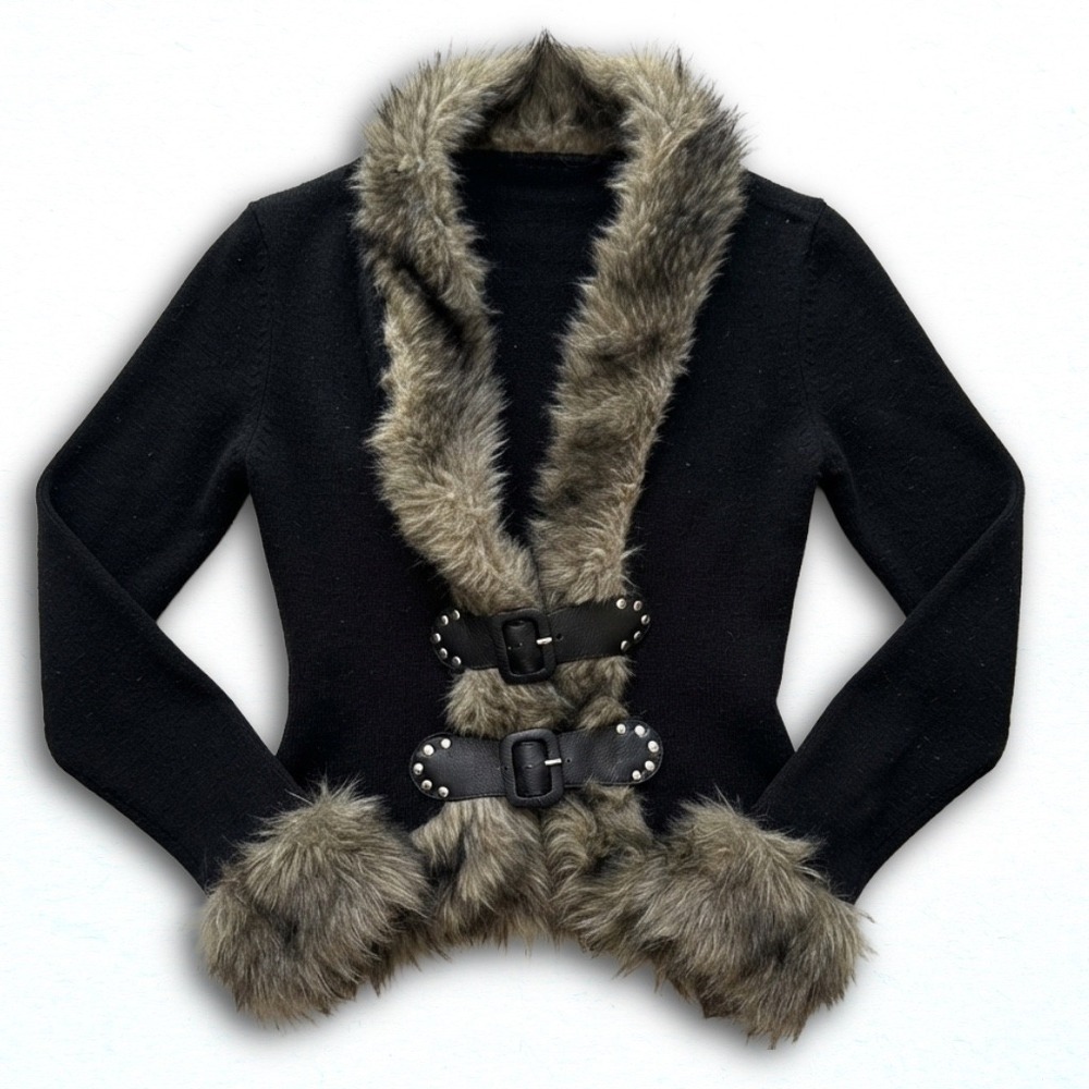 Romwe Black Faux Fur Trim Buckle Front Knit Cardigan Sweater XS Y2K Goth